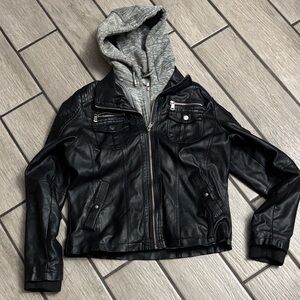 Black Leather Jacket with Gray Hoodie